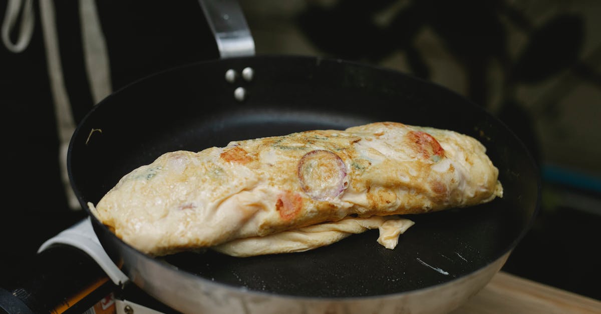 3+ egg omelette in a pan - Appetizing egg roll frying on pan