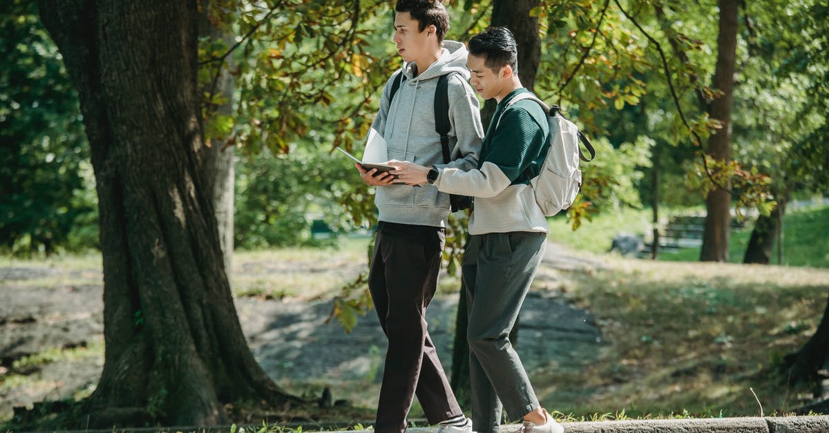 A way to prepare suet dumplings ahead of time? - Side view of young stylish diverse male friends in casual outfits and backpacks walking together in path in park and preparing for exam