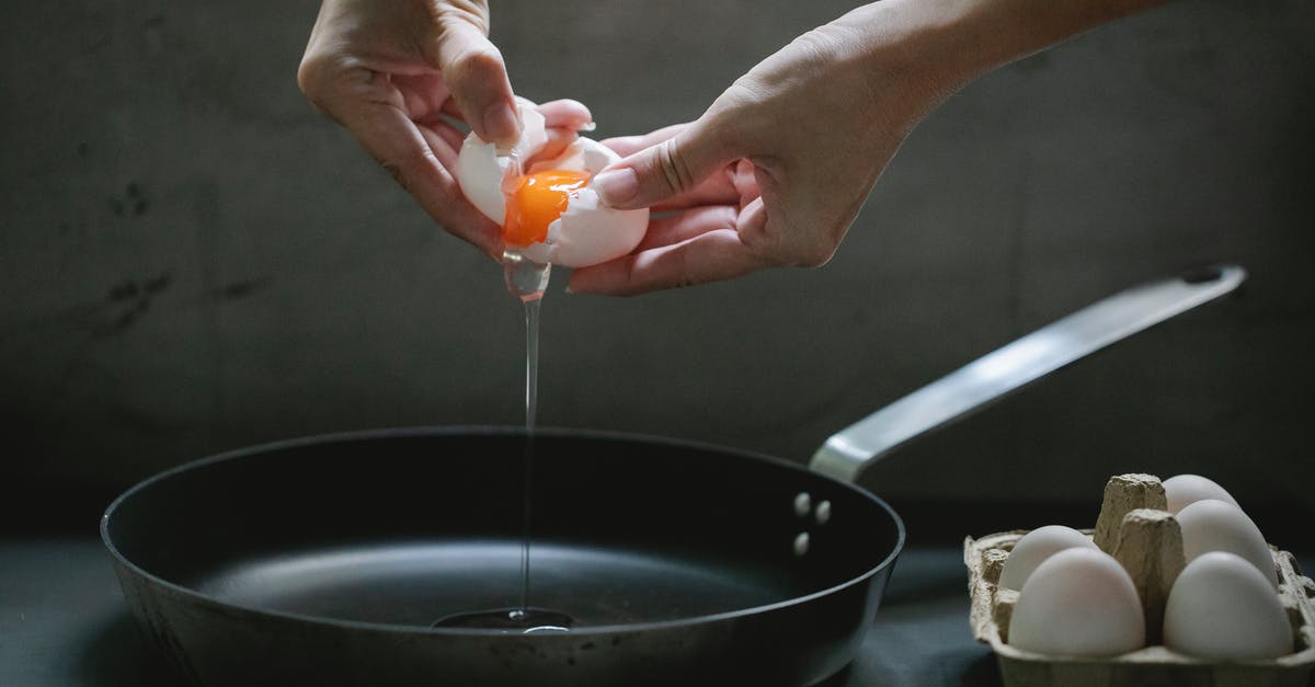 Adding raw chicken to a meal that is being reheated - Faceless woman preparing fried eggs in kitchen