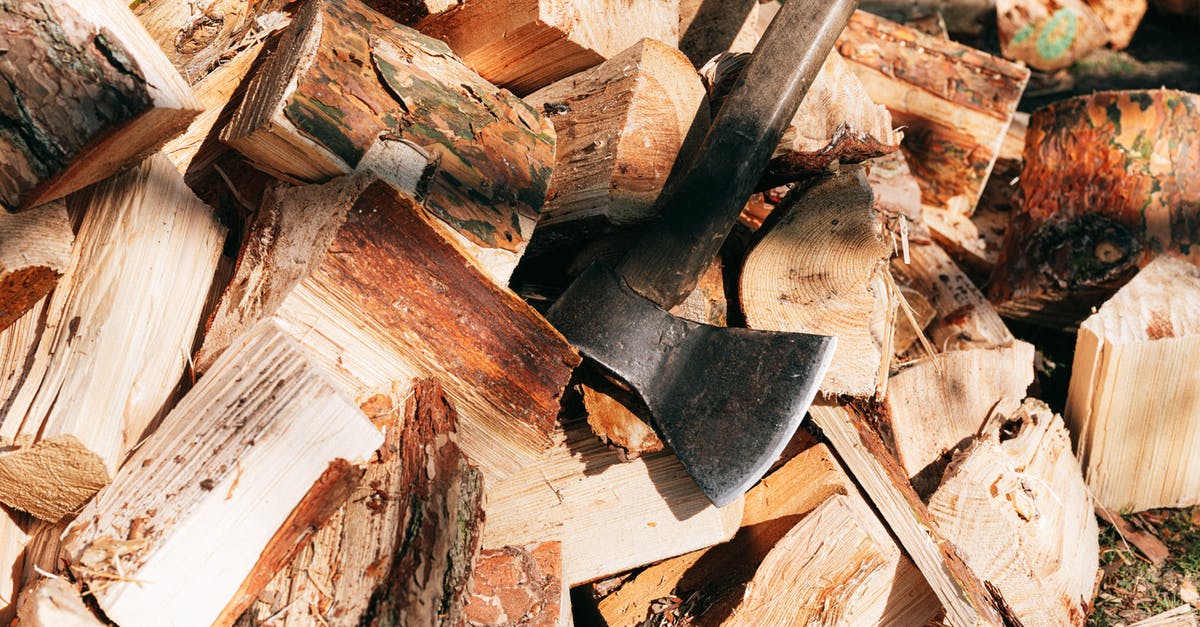 Age between mild and sharp - Old rustic axe with wooden handle and sharp cutting point placed on firewoods in forest on sunny summer day