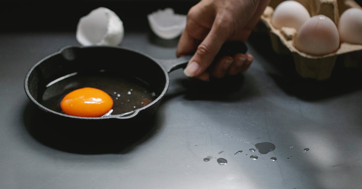 Alternative to cream for fried chicken recipe - Crop unrecognizable woman holding frying pan with broken egg in kitchen