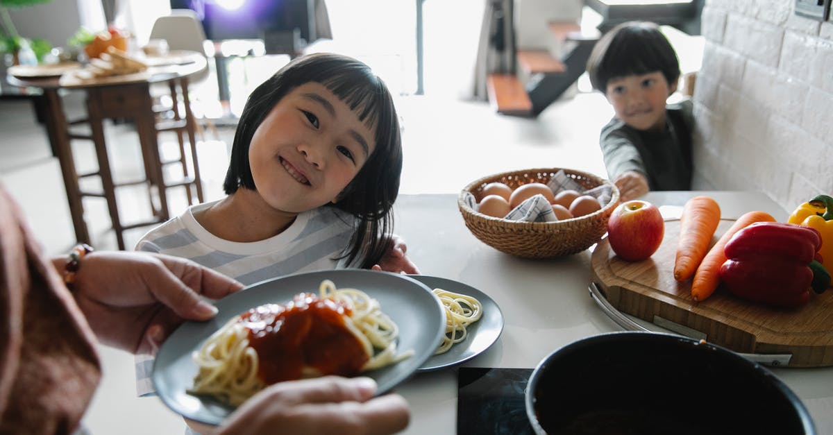 Are recipes for Antonin Carême's original mother sauces available? - Cheerful cute Asian children waiting for lunch in kitchen