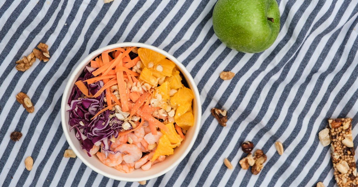 Are there culinary applications for carrot tops/greens? - Top view of fresh poke bowl near green apple and nuts on surface