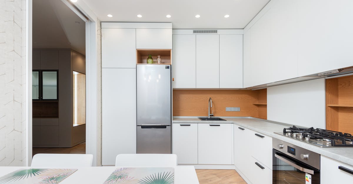 Are there gas ovens that come with a thermometer? - Modern kitchen interior with fridge and cabinets against table with placemats under lamps in house