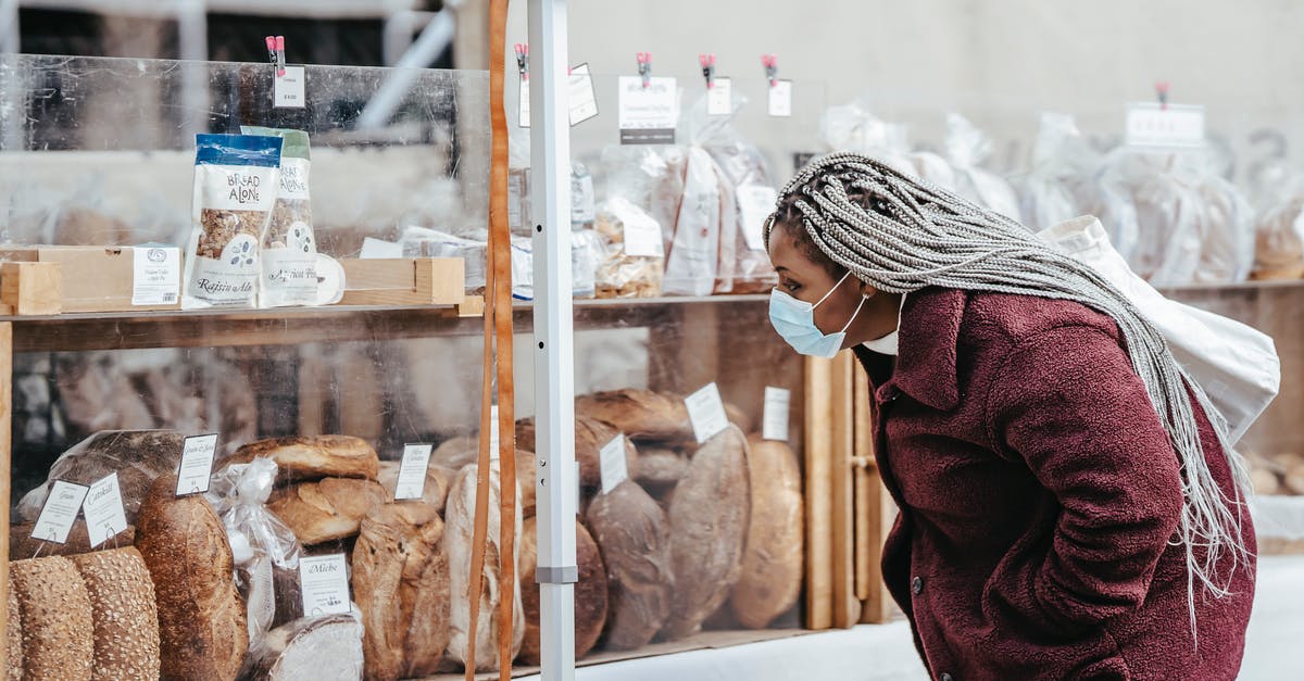 Are there guidelines for choosing bread for a sandwich? - Side view of adult black lady wearing protective mask and warm coat selecting baking goods while standing in street market in daytime
