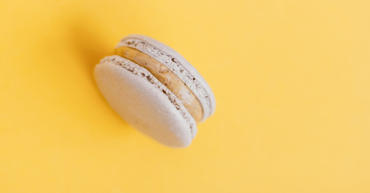 Art of making delicate French butter cookies (Madeleines) - From above of delicious round shaped sweet macaroon placed on yellow background of studio