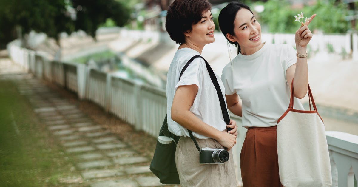 At what point is water considered "at a boil?" - Young glad ethnic lady pointing with finger near girlfriend with photo camera while looking up on embankment