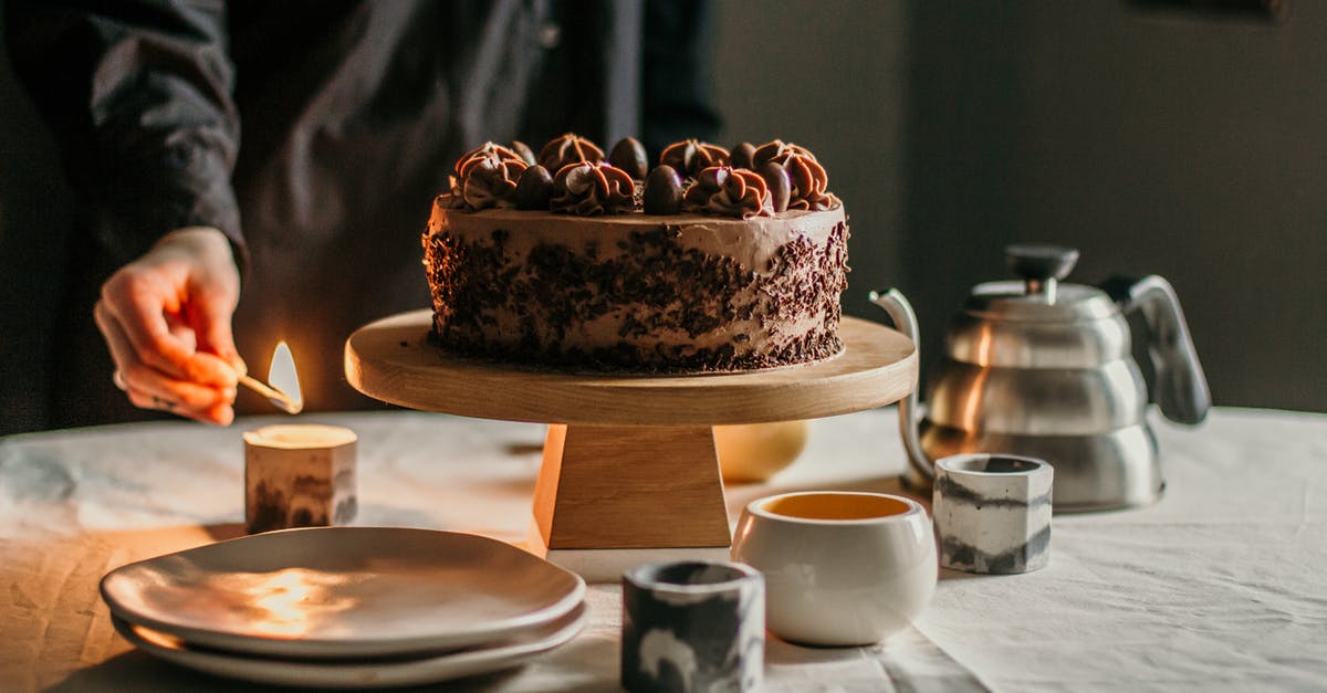 Baked item that would catch on fire/smoke? - Person lighting candle placed near chocolate cake