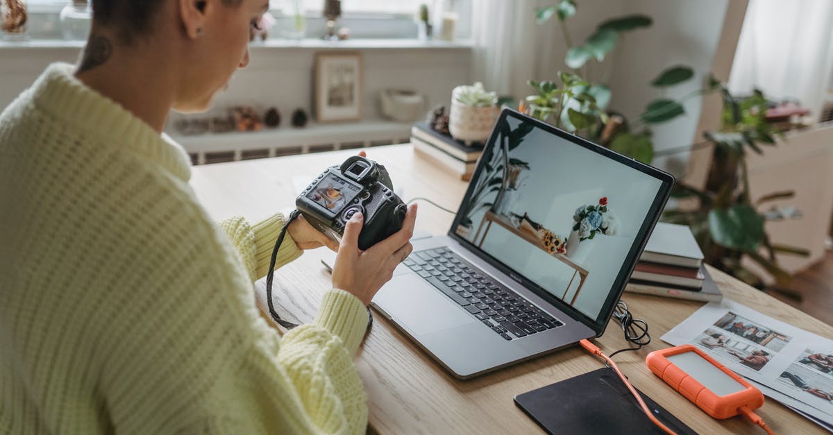 Baking concentrate using Hard Alcohol ex Jack Daniels - Side view of crop concentrated female photographer looking at screen of photo camera while sitting at table with netbook and graphic tablet