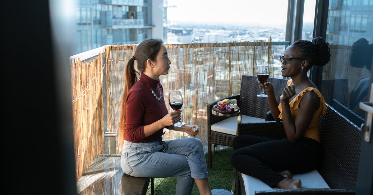 Baking in drinking glasses -- heat vs. logo paint, other issues - Two Women Drinking Wine in a Balcony