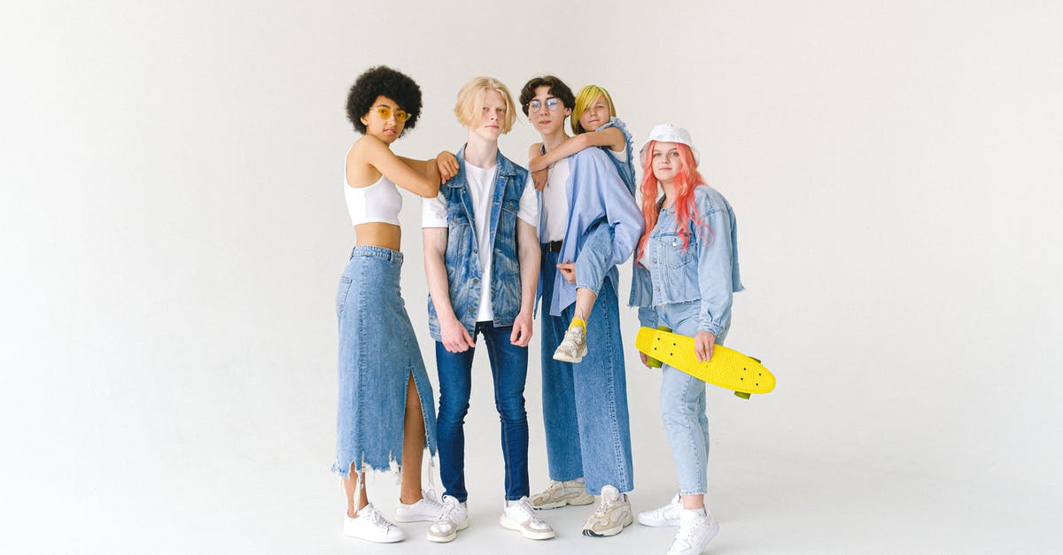 Bartenders friend left on too long - Full body group of teenager friends in jeans wear and glasses with yellow penny board on white background looking at camera