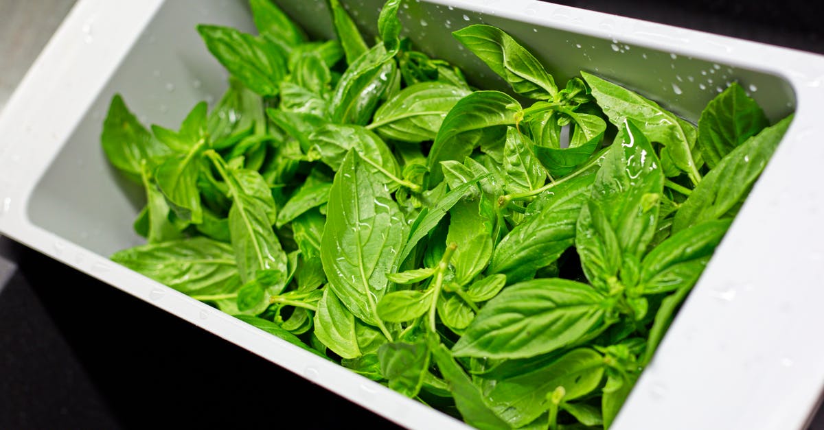 Basil - to wash or not to wash? Best practices? - From above of plastic container in kitchen sink full of fresh green leaves of basil