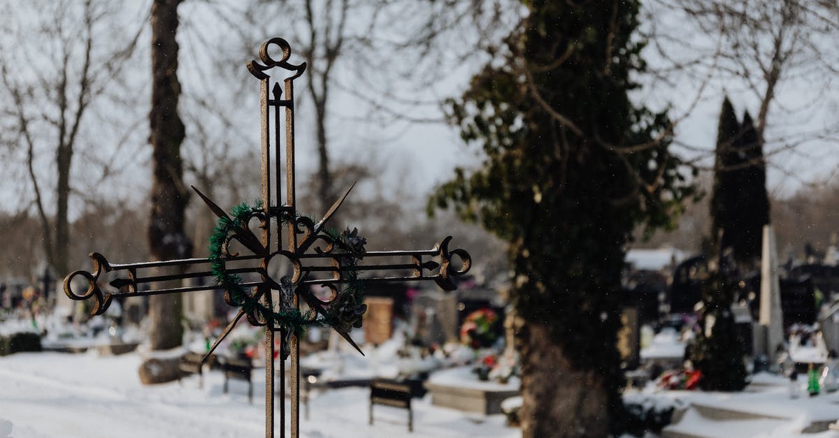 Batter. Cross contamination by - Metal Crucifix in a Snowy Cemetery