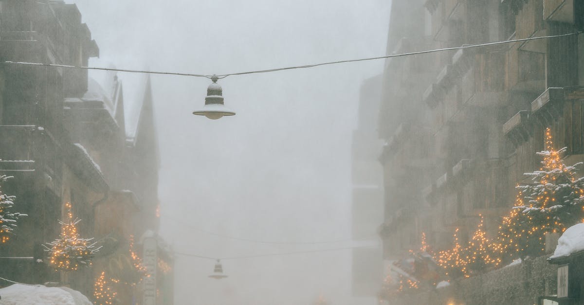 Best temperature to freeze pie filling? - Modern frozen city street with overhanging streetlamps covered with snow on gloomy foggy winter day