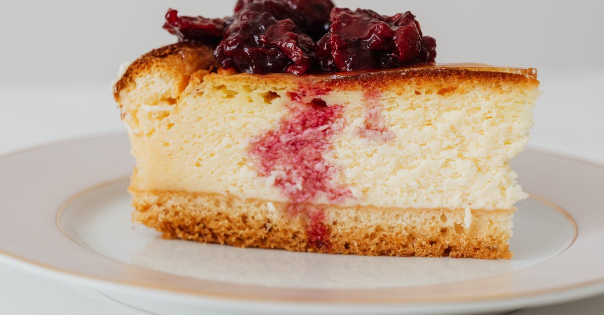 Best way to cut up a cheesecake into bites - Closeup of yummy berry cheesecake piece placed on plate against white background