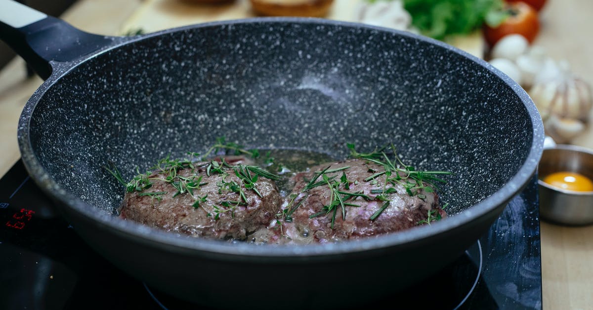 Black residue inside frying pan - Frying pan with patties in kitchen