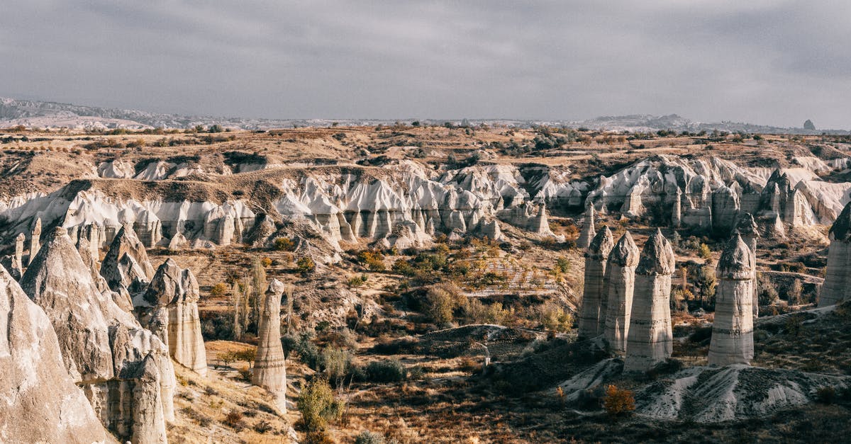 Brining Turkey - 4 Days in Fridge - Partially Grey - Stony formations near mountains and plants in valley in Cappadocia