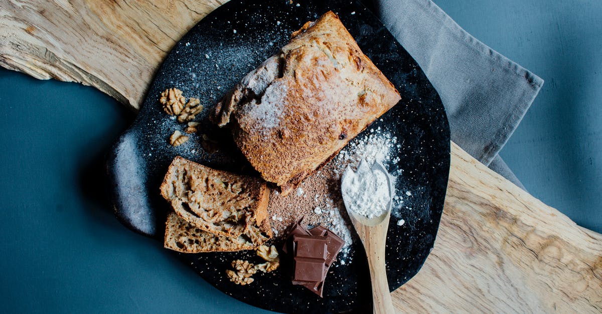 Brown sugar + Bread =? - Top view of appetizing cake bread served on plate with walnuts and chocolate bar and decorated with sugar powder