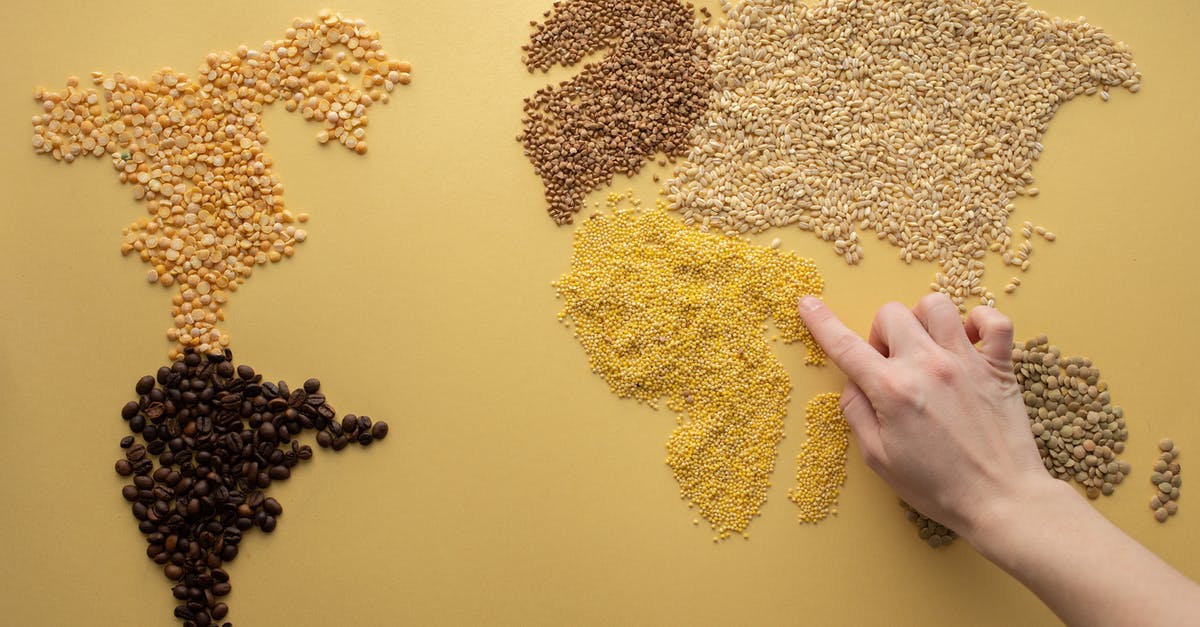 Buckwheat raw pizza base - Top view of crop unrecognizable traveler making world continents with assorted grains and coffee beans on yellow background in room