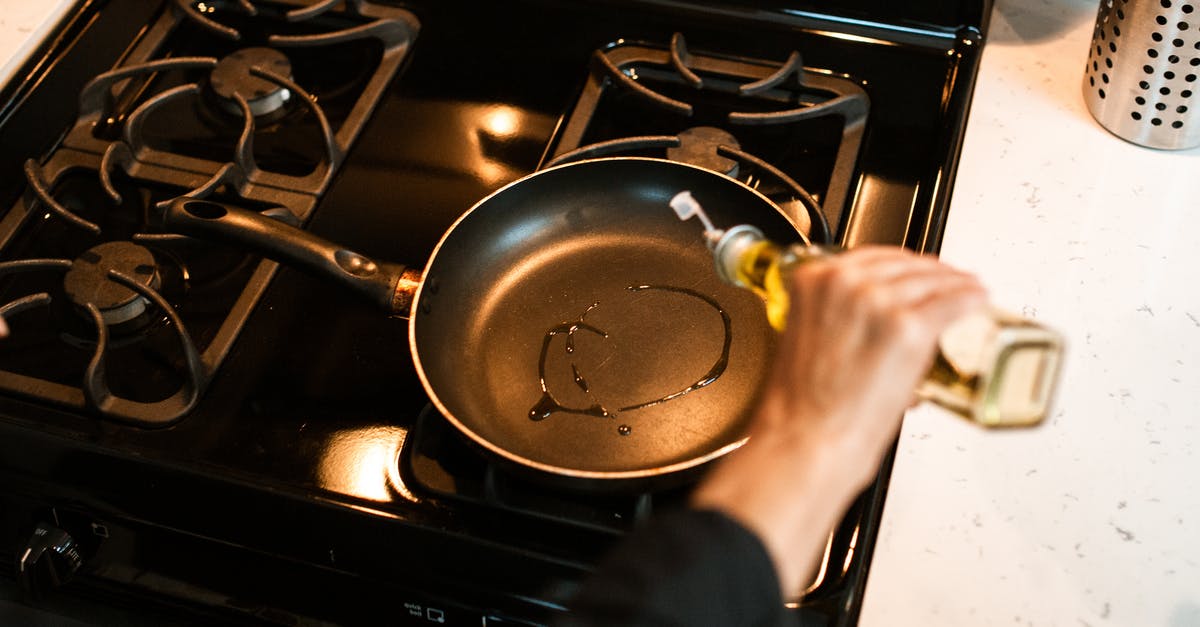 by covering your pan with an inch of oil - depth or length [closed] - Crop unrecognizable chef pouring oil in frying pan