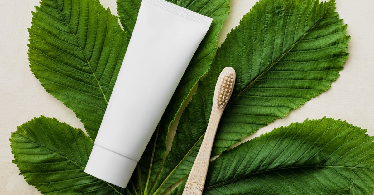 Can I make my own chestnut puree? - Top view of white mockup tube of natural toothpaste and eco friendly bamboo toothbrush placed flat on big green chestnut leaf on light wooden surface