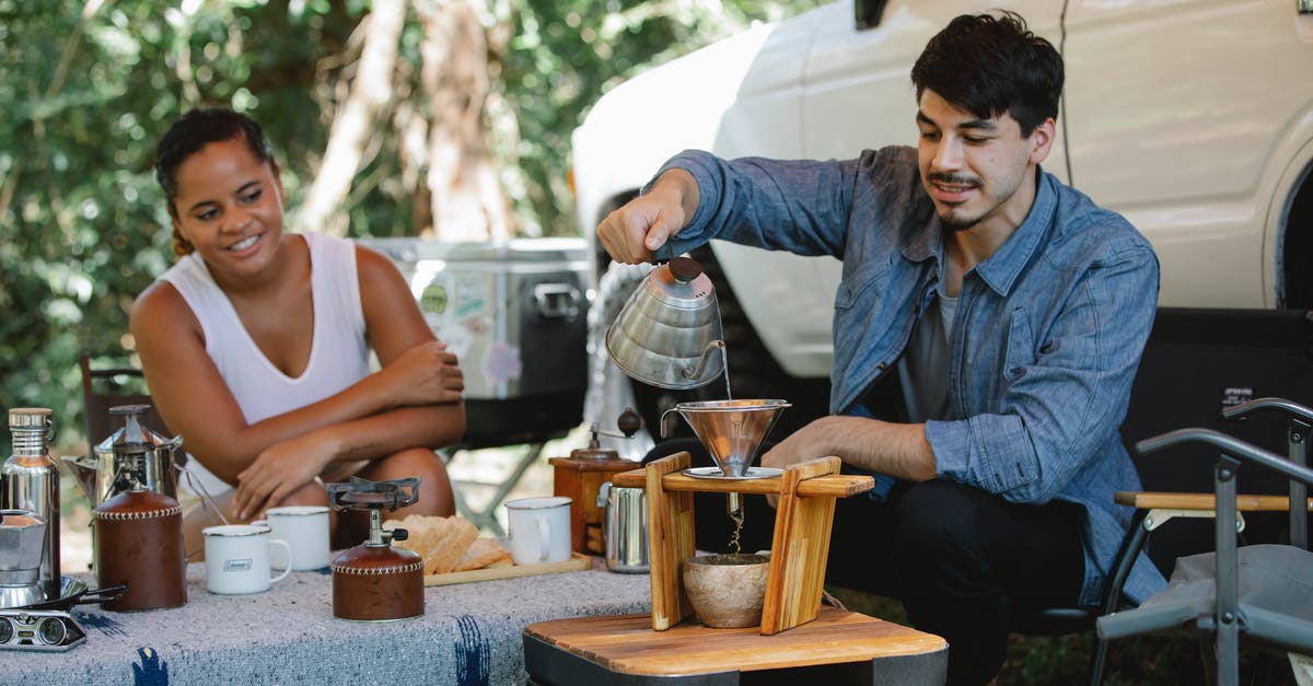 Can too hot water cause the mate gourd to break? - Happy diverse couple preparing pour over coffee in campsite