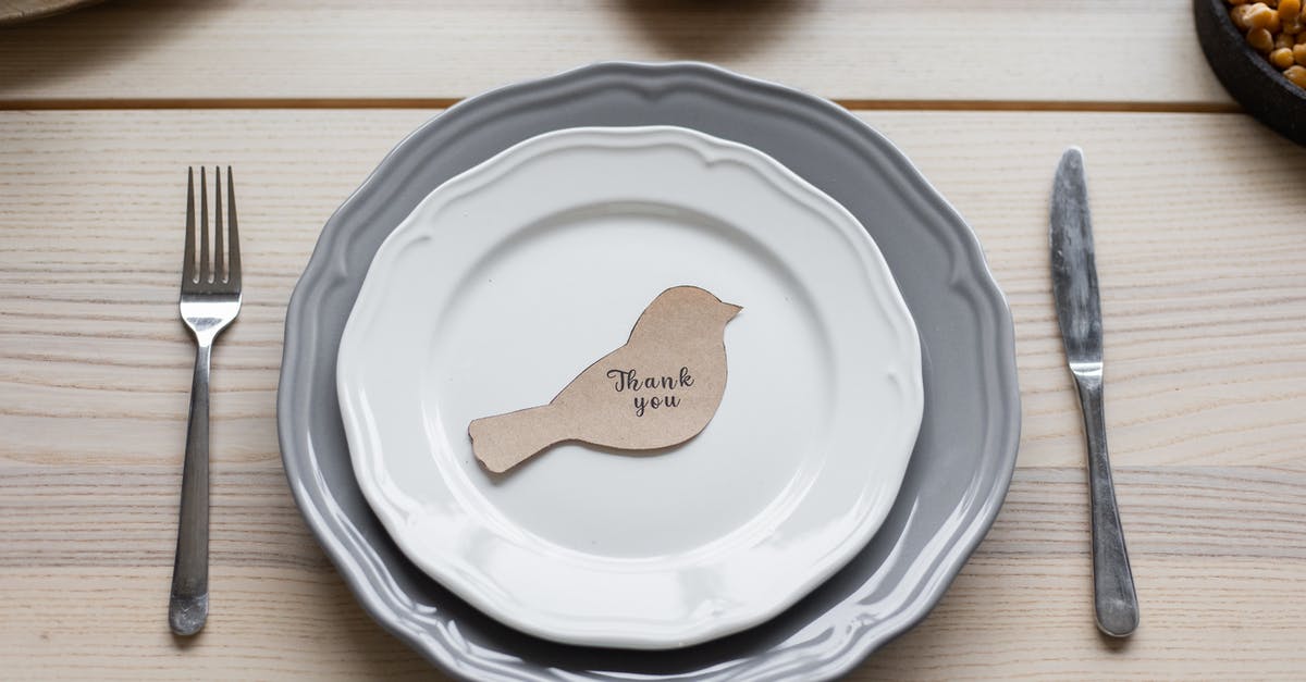 Can you sharpen a ceramic knife? - Top view of carton postcard cutout in shape of bird with printed Thank You inscription placed on plate on Thanksgiving dinner