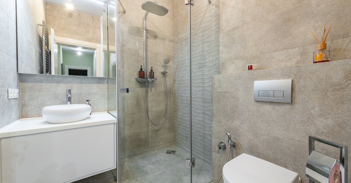 Ceramic non stick pan, light scratches after first use? - Modern bathroom interior with shower cabin and mirror in house