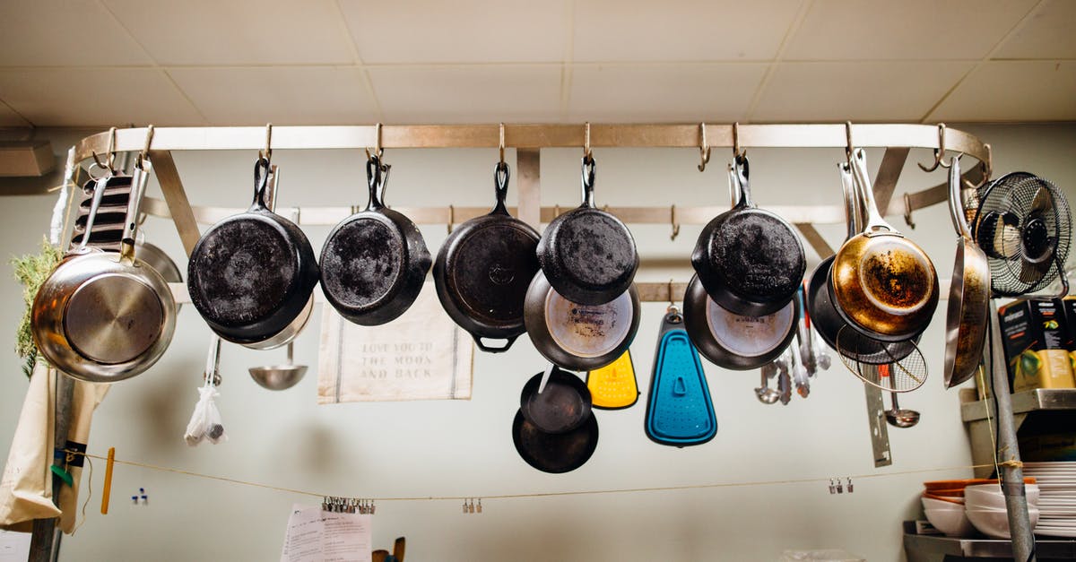 Ceramic pans vs PTFE pans - Assorted Frying Pans Hanging on Pot Rack