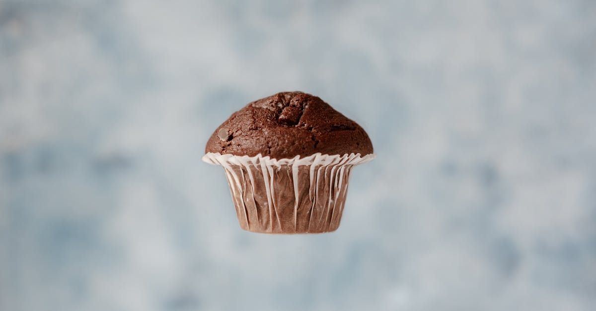 Chocolate chip substitutions - Sweet chocolate muffin hanging in air on blurred background