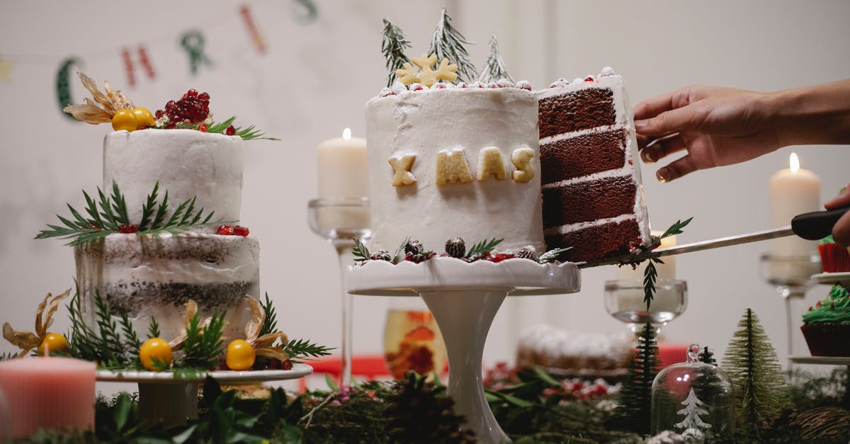 Chocolate layer cake tears easily - Crop chef showing piece of delicious Christmas cake at home