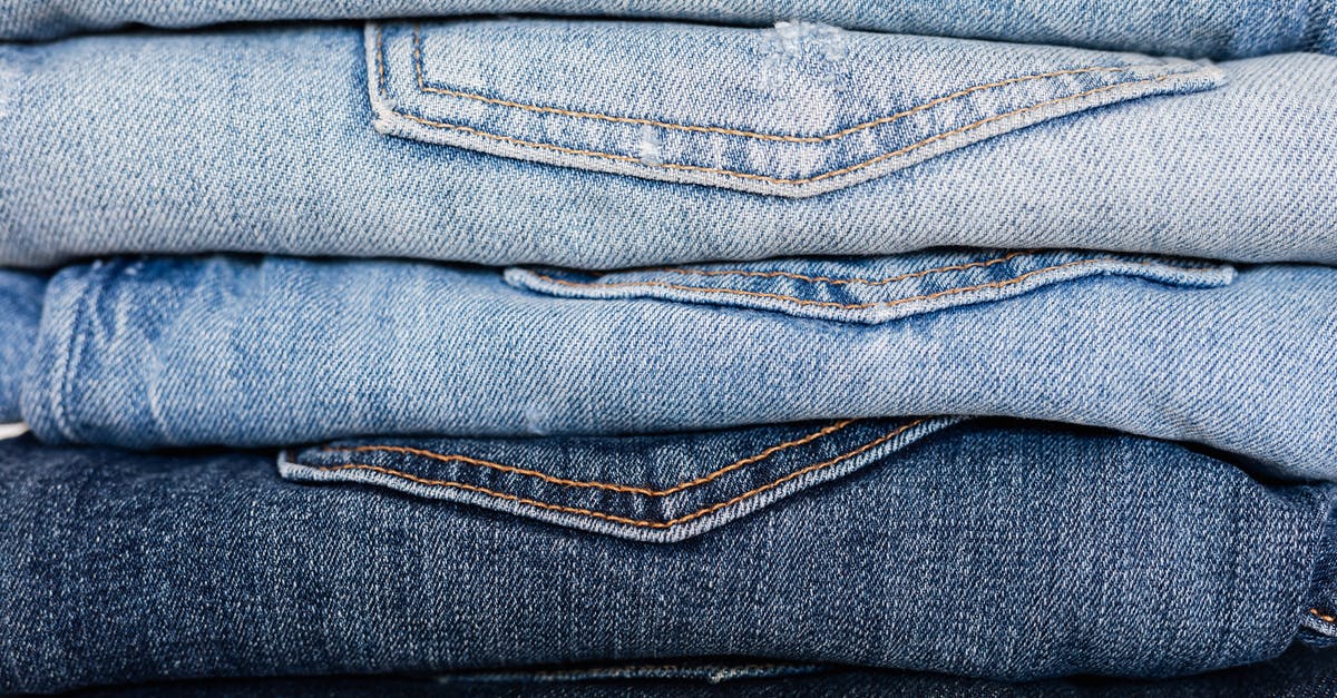 Choice of new seasonable cookware (iron/carbon steel, pan/wok) - Closeup of stack of blue denim pants neatly arranged according to color from lightest to darkest