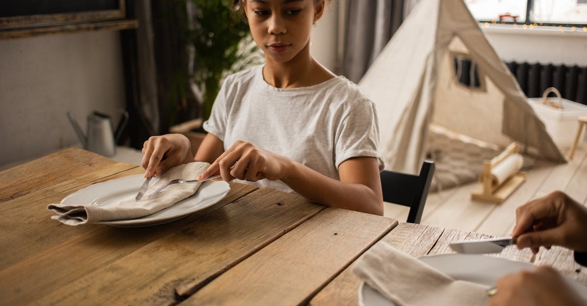 Cocktail shaker - silver plate but black on the inside - Pensive African American girl sitting at wooden table with plate and cutlery while looking at faceless person while learning dining etiquette