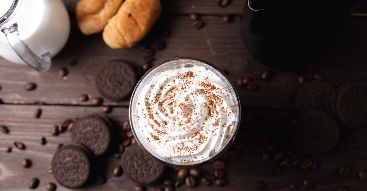 Coffee flavored melted chocolate for drizzling over cookies? - Whipped cream drink on table amidst coffee beans and cookies