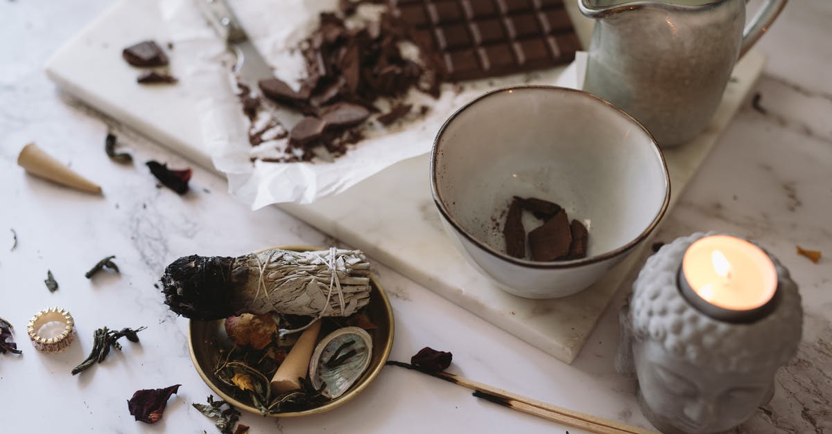 Container for keeping butter/chocolate at 74°F/66°F (23°C/19°C)? - A Burnt Incense on a Round Container Beside a Chopping Board with Chocolates