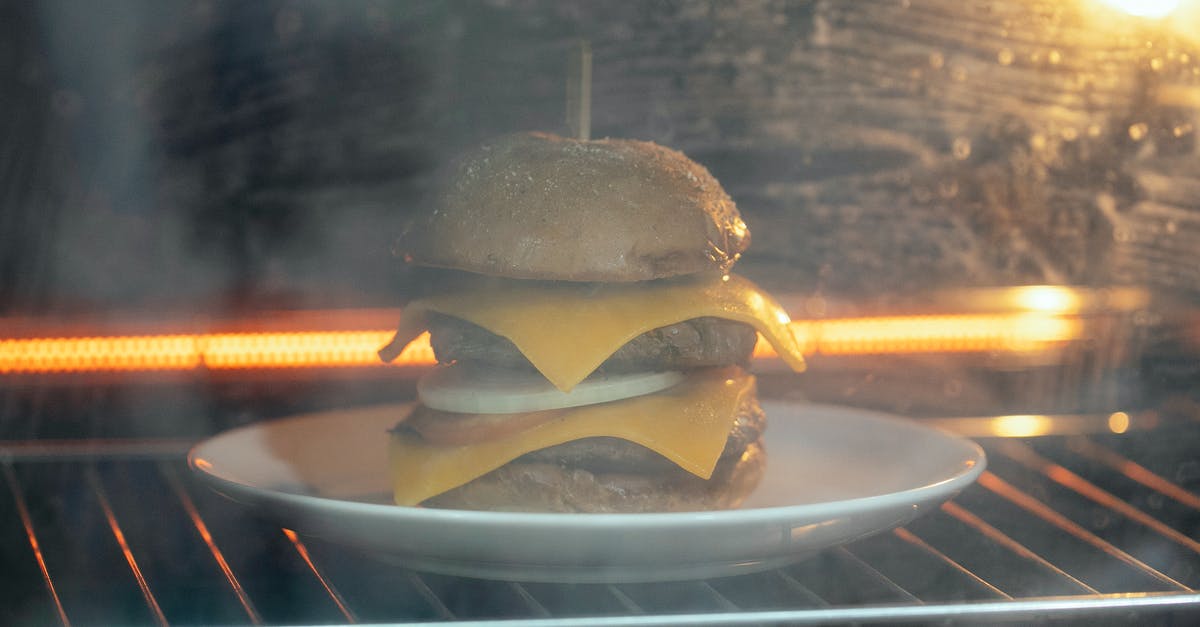 Cooking food directly on oven rack - Through glass of tasty burger with cutlet and cheese served on white plate in hot oven on rack while roasting