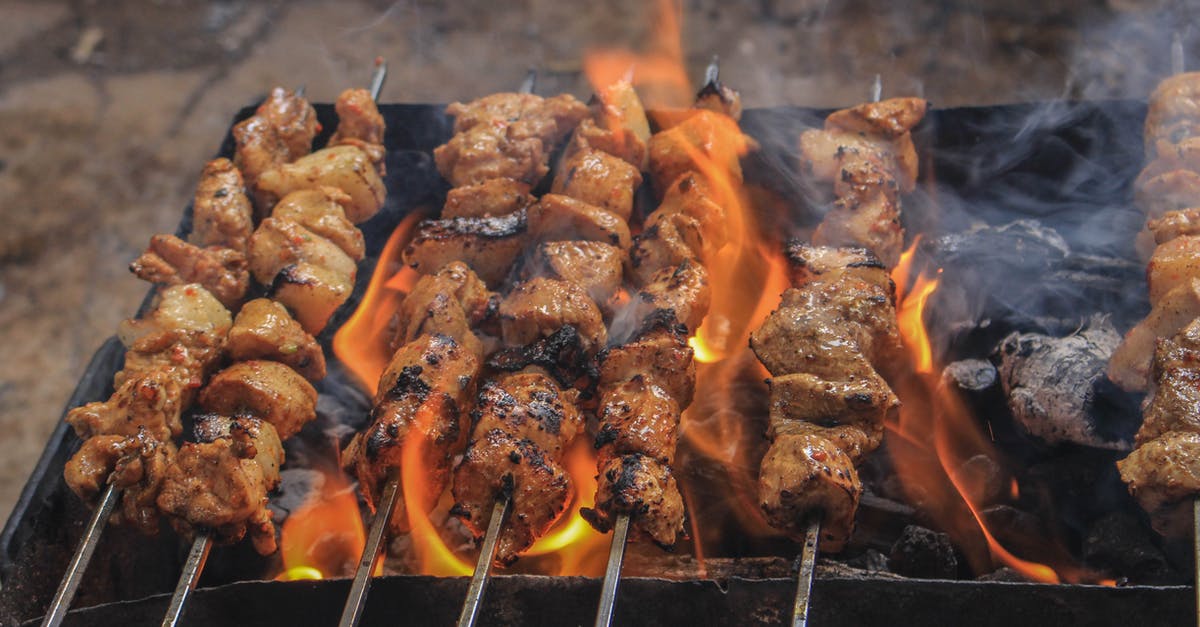 Cooking juicy beef in a pan - Grilled Meats on Skewers