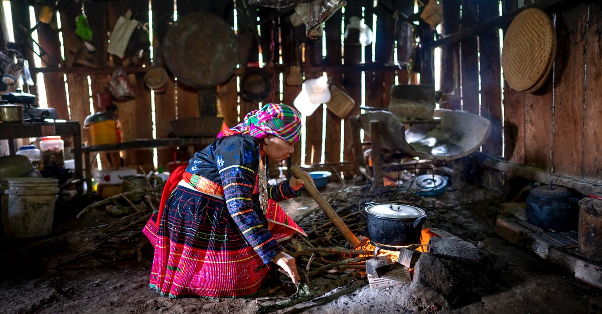 Cooking octopus: simple boil or broth? - Full body side view of adult focused female in colorful traditional suit moving wood while cooking over fire in old shed