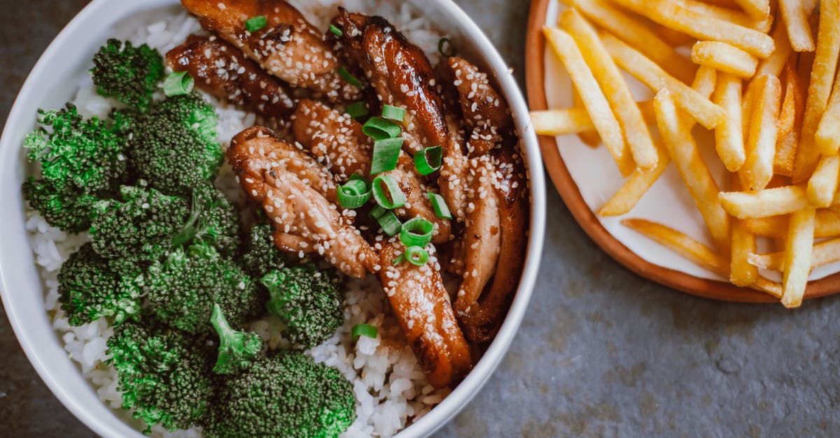 Crisping Chicken Without Skin - Rice Toppings and French Fries on the Table