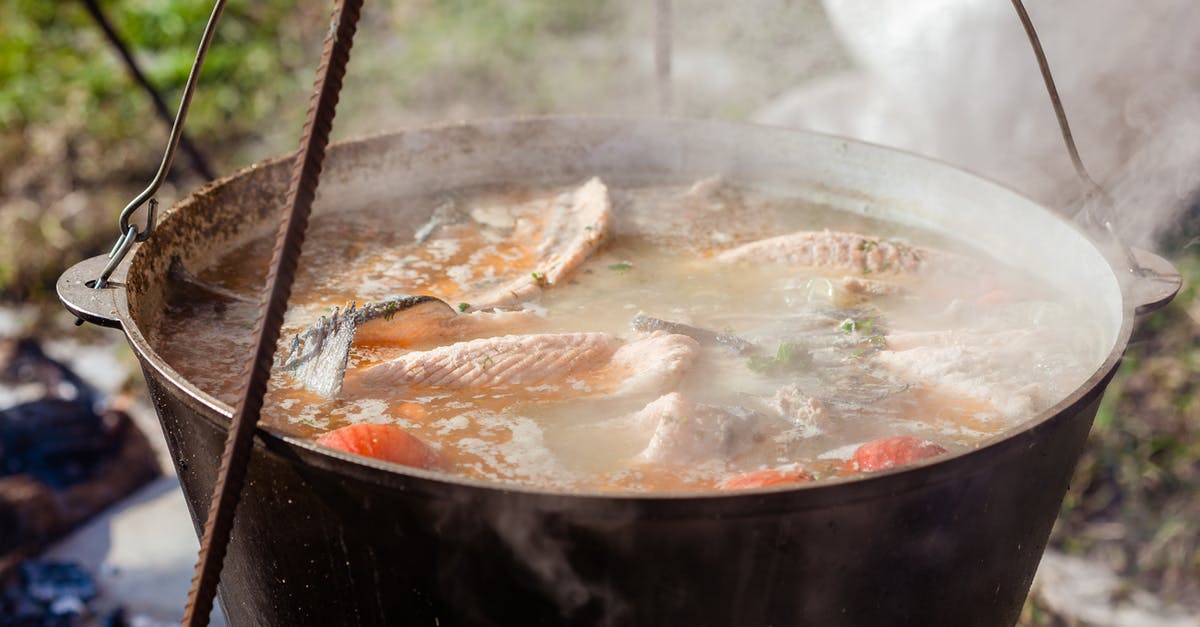 Crock Pot to Enameled Cast Iron Pot Cooking Times and Temperatures - Tasty fish soup in cauldron with smoke outdoors