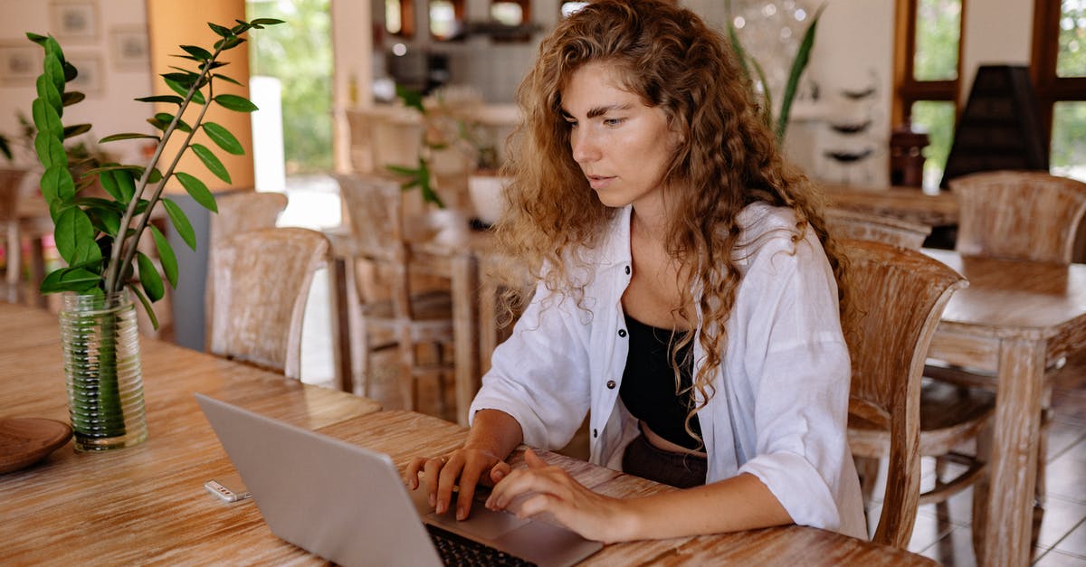 Did I make butter, or something else? - Content female customer with long curly hair wearing casual outfit sitting at wooden table with netbook in classic interior restaurant while making online order