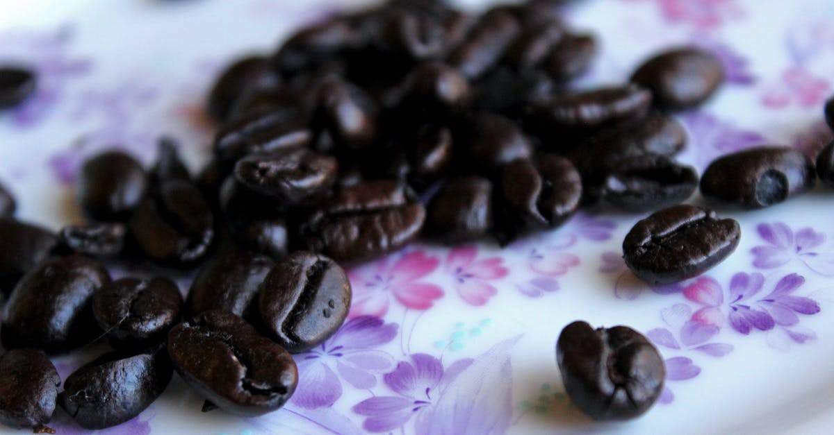 Did purple beans spoil my soup? - Closeup heap of aromatic roasted coffee beans placed on tablecloth with floral ornament