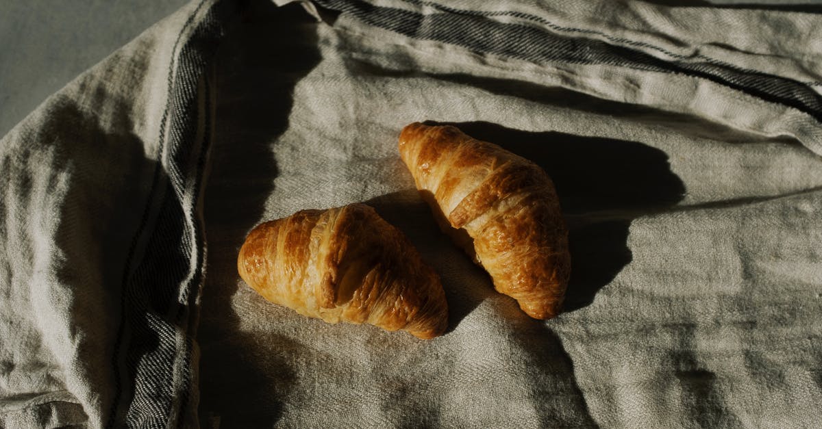 Difference between French bread and Japanese bread - Tasty pair of fresh brown croissants on crumpled gray tissue