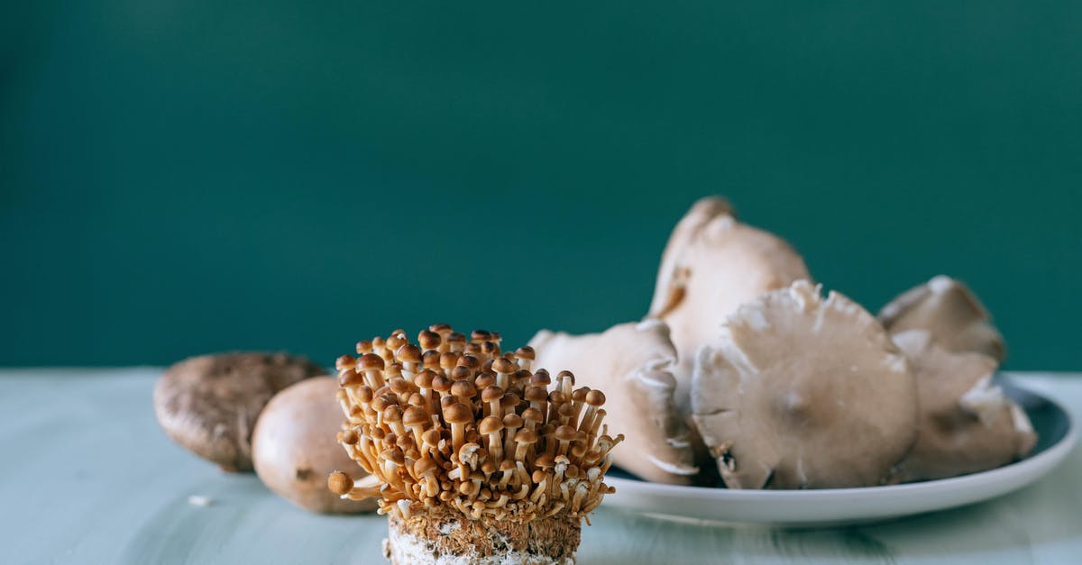 Differences in creme fraiche recipe - Small brown nameko mushrooms placed on white table of kitchen on green background