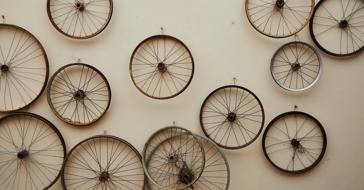 Different ways for aging steaks - Different shapes and sizes spoke wheels hanging on light wall