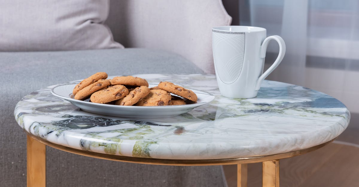 Digestibility of cocoa/cacao butter in white chocolate - White ceramic mug with hot drink placed on marble table with plate of tasty cookies with chocolate