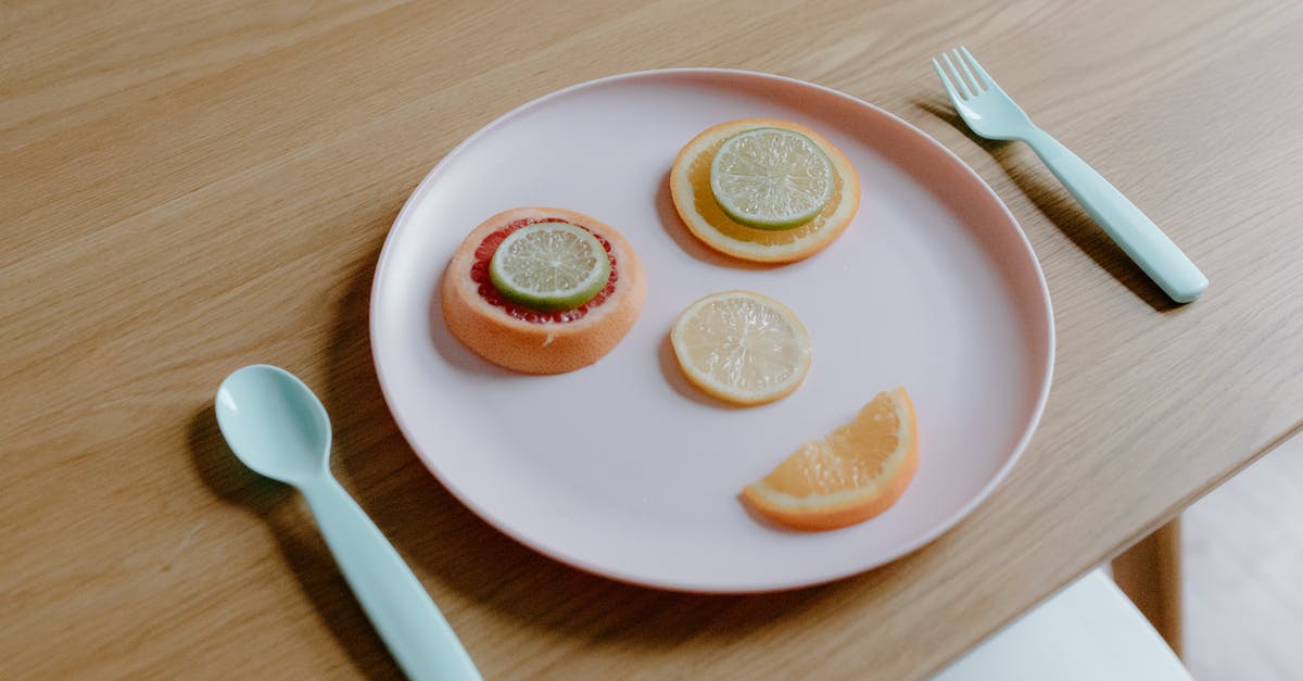 Do storms influence the souring of dishes? - From above of plastic plate with sliced grapefruit orange lemon and lime making face near spoon and fork