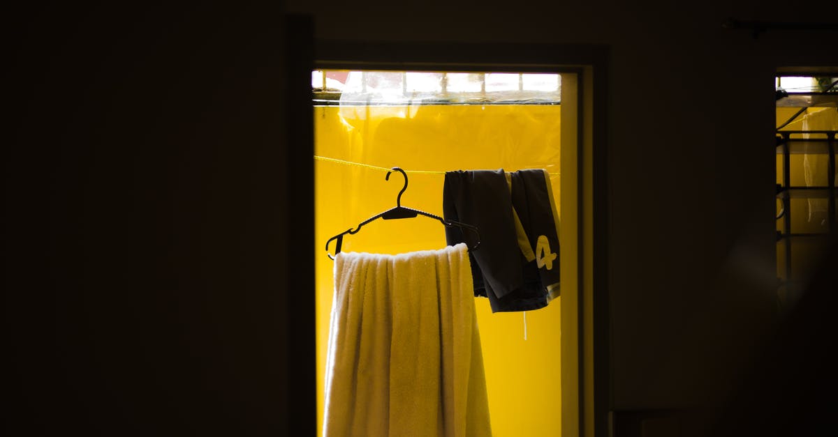 Do you use paper or cloth towel for patting a meat dry before frying? - Towel on hanger and pants on rope in yellow room