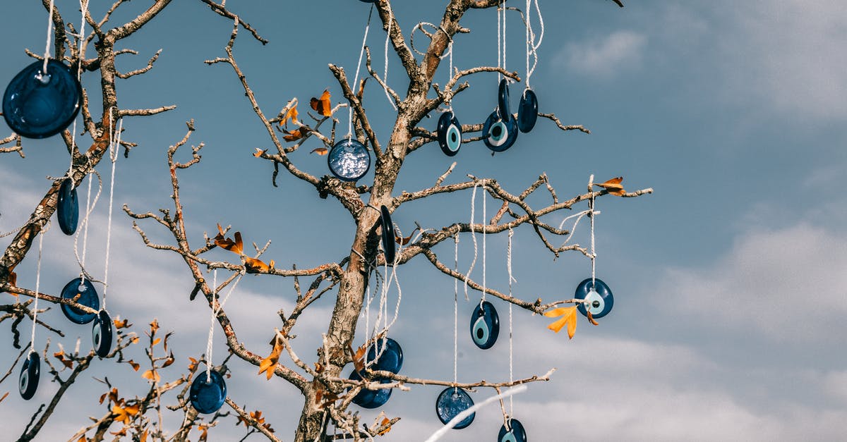 Dry Brining Turkey - From below of traditional blue eye shaped nazar amulets protecting form evil eye hanging on leafless tree branches against cloudy blue sky in Cappadocia