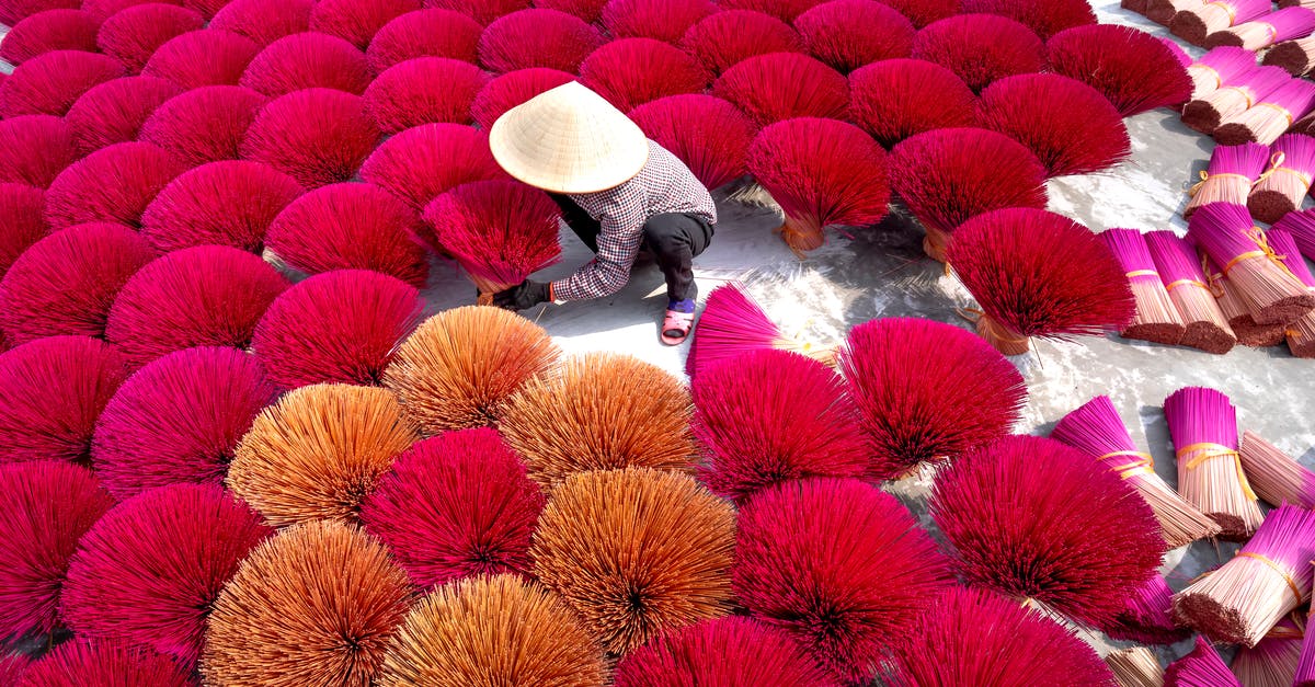 Drying fresh produce after washing - From above of man in white Asian conical hat preparing colorful sticks for producing aromatic sticks in Vietnam incense village